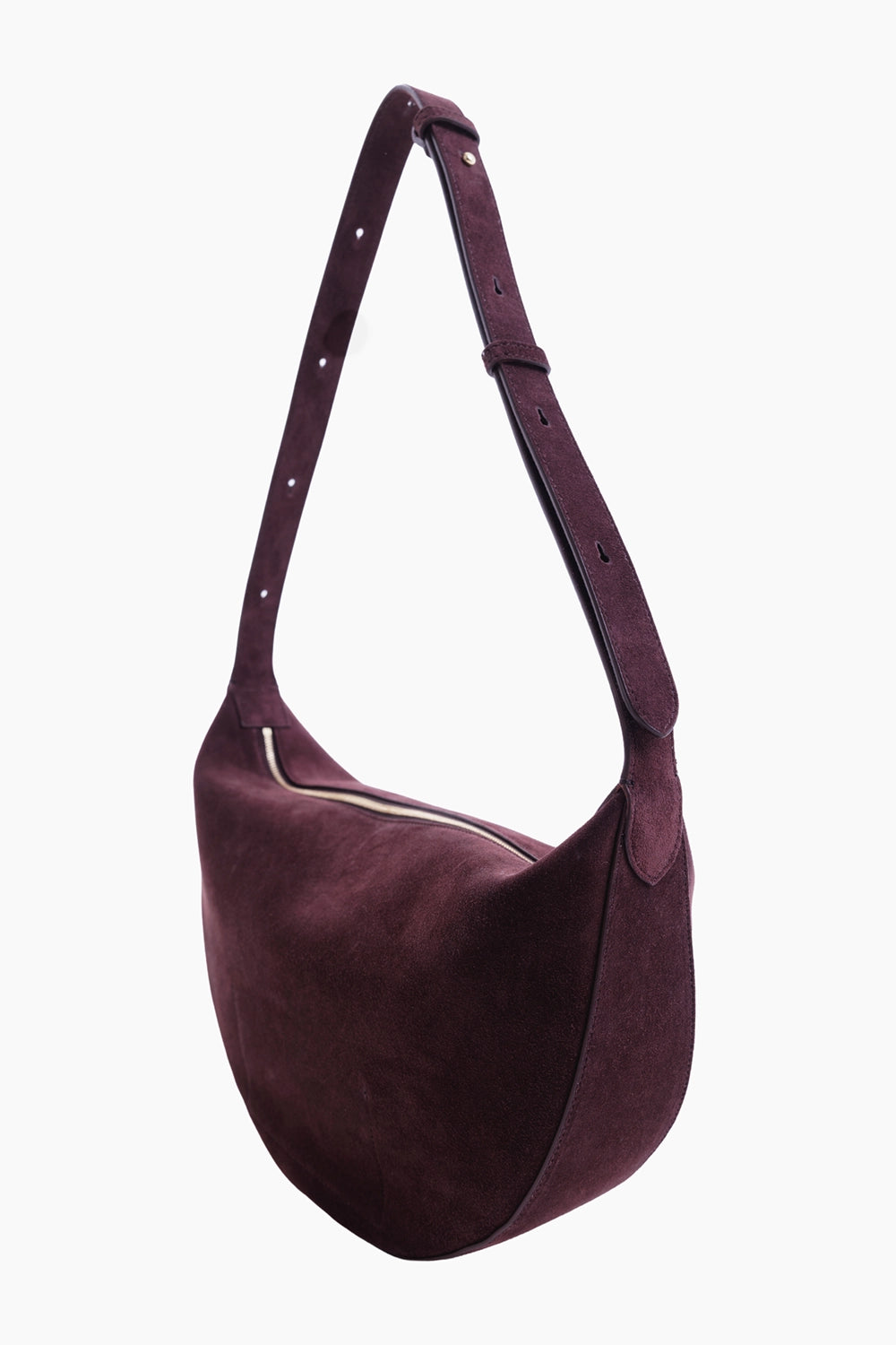 JOSEPH women's Large Bean bag in mahogany suede, side view with slim depth and punched adjustable shoulder strap