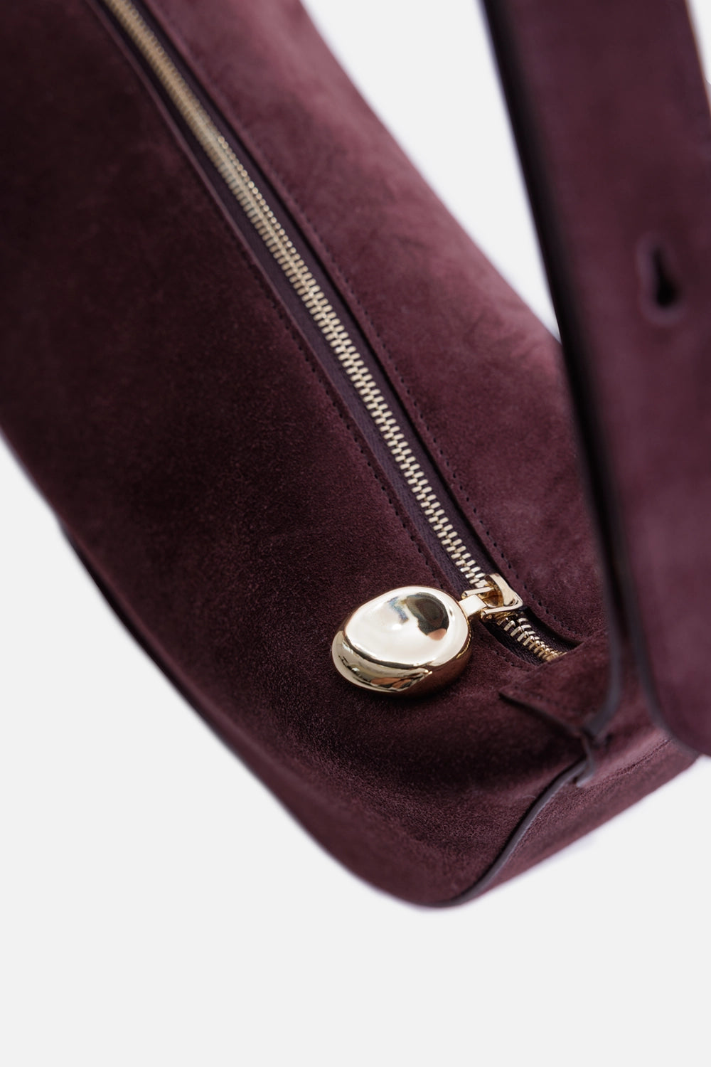 JOSEPH women's Large Bean bag in mahogany suede, zipper close-up with polished gold-tone bean pull