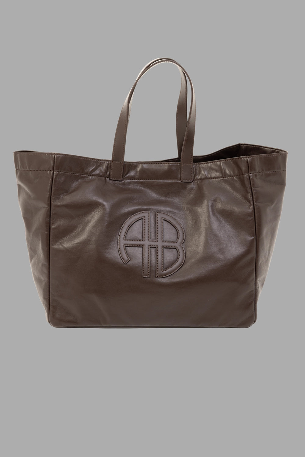ANINE BING women Large Rio Tote in dark brown recycled leather, front view, AB monogram patch