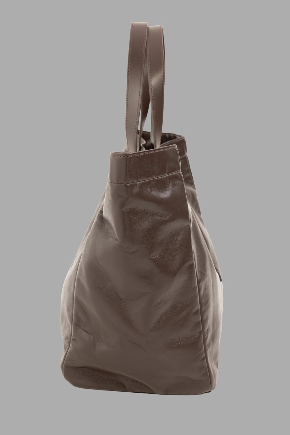 ANINE BING women Large Rio Tote in dark brown recycled leather, side view, twin leather top handles
