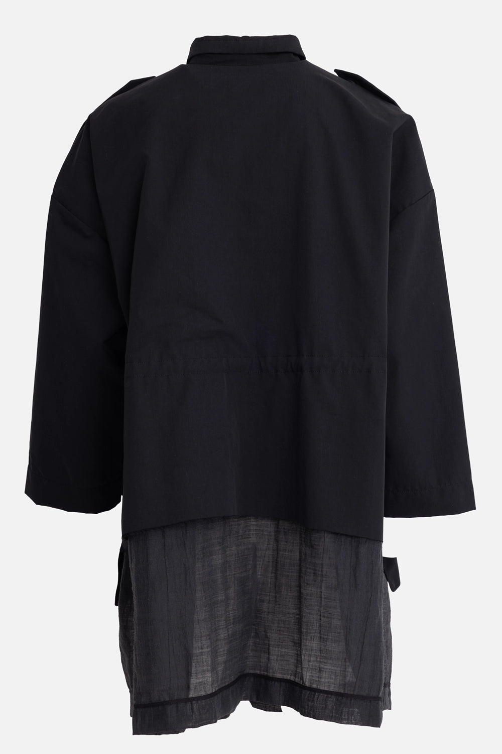 Greg Lauren men's coat in black, back view, wide sleeves, shoulder tabs and transparent lower layer
