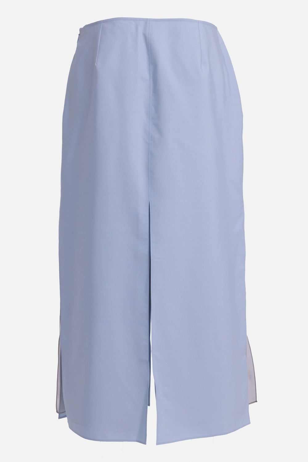 Ferragamo women's skirt in light blue, back view, rear slit and sheer side panels