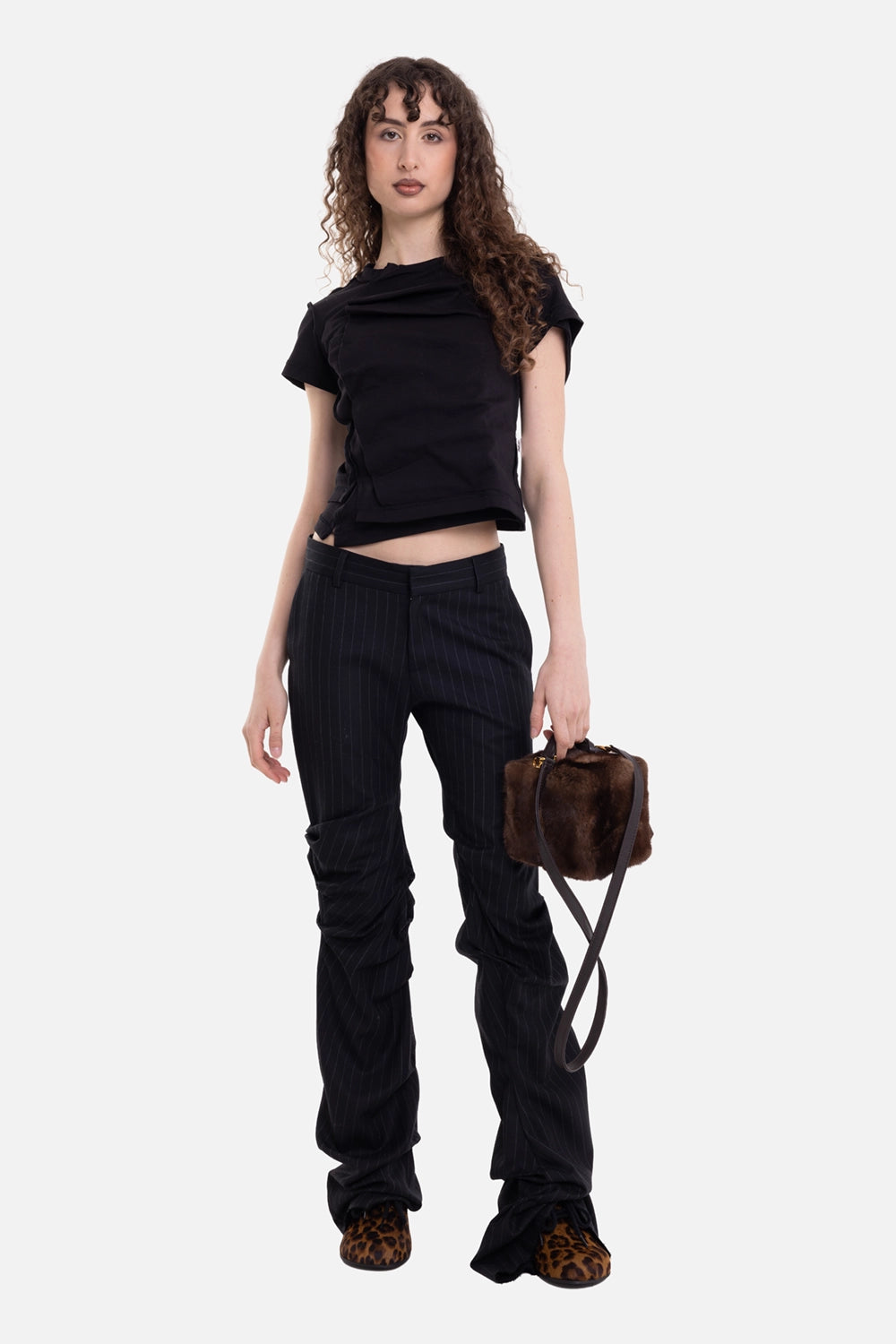 Natasha Zinko unisex layered T-shirt in black, on-model full-length view, cropped fit and folded front panel