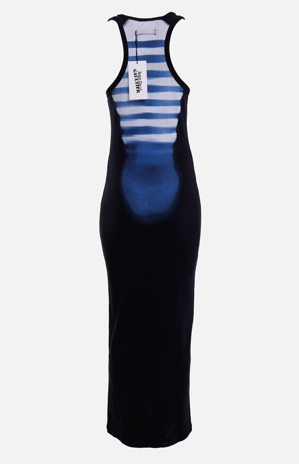 Jean Paul Gaultier women's dress in black and blue, back view, racerback stripes and long fitted shape