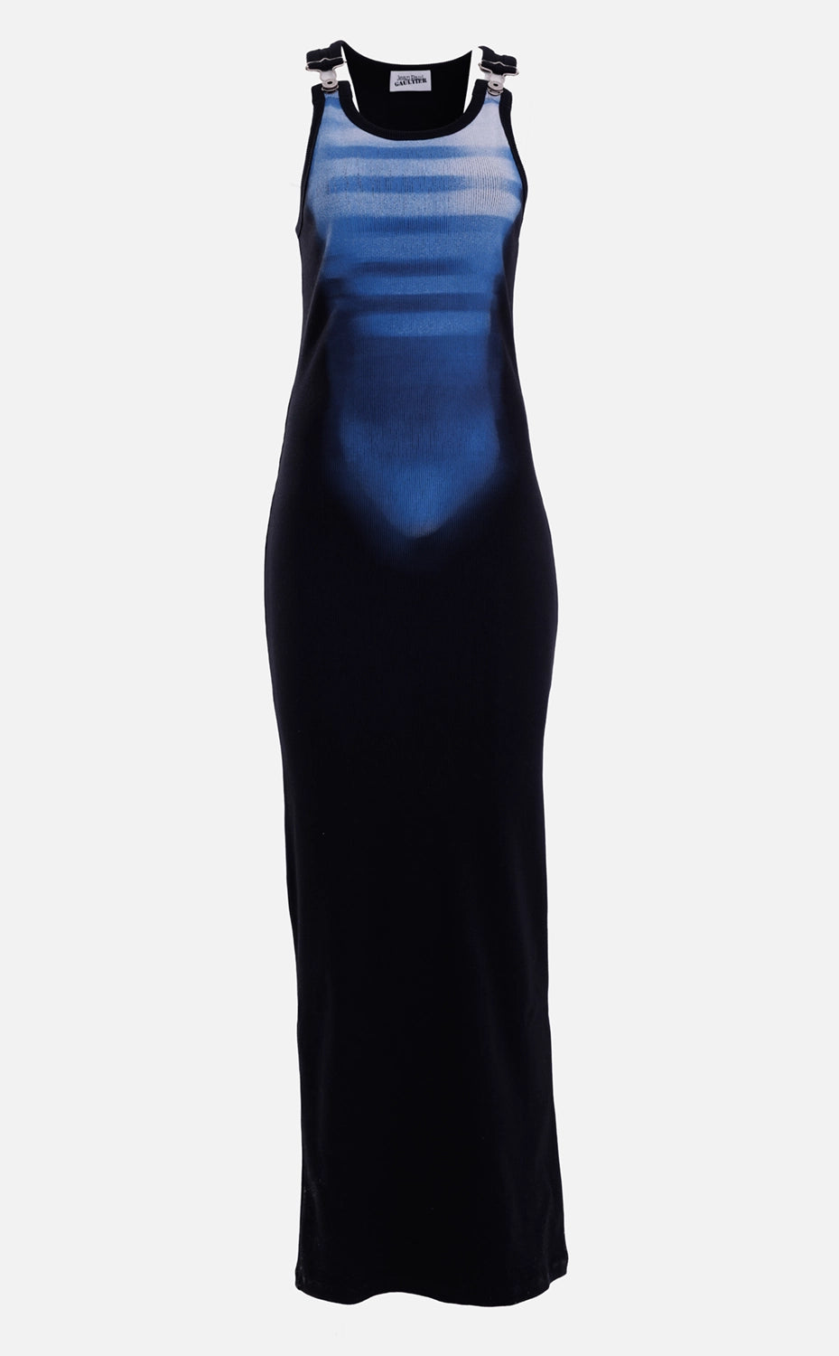 Jean Paul Gaultier women's dress in black and blue, front view, shoulder clips and Le Male body print