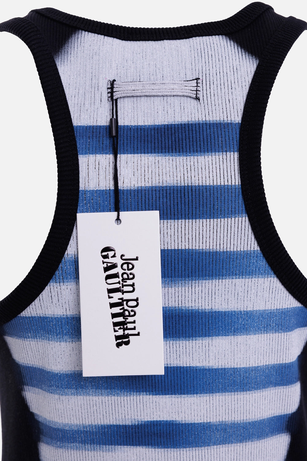 Jean Paul Gaultier women's dress in black and blue, hardware close-up, tag and striped racerback panel