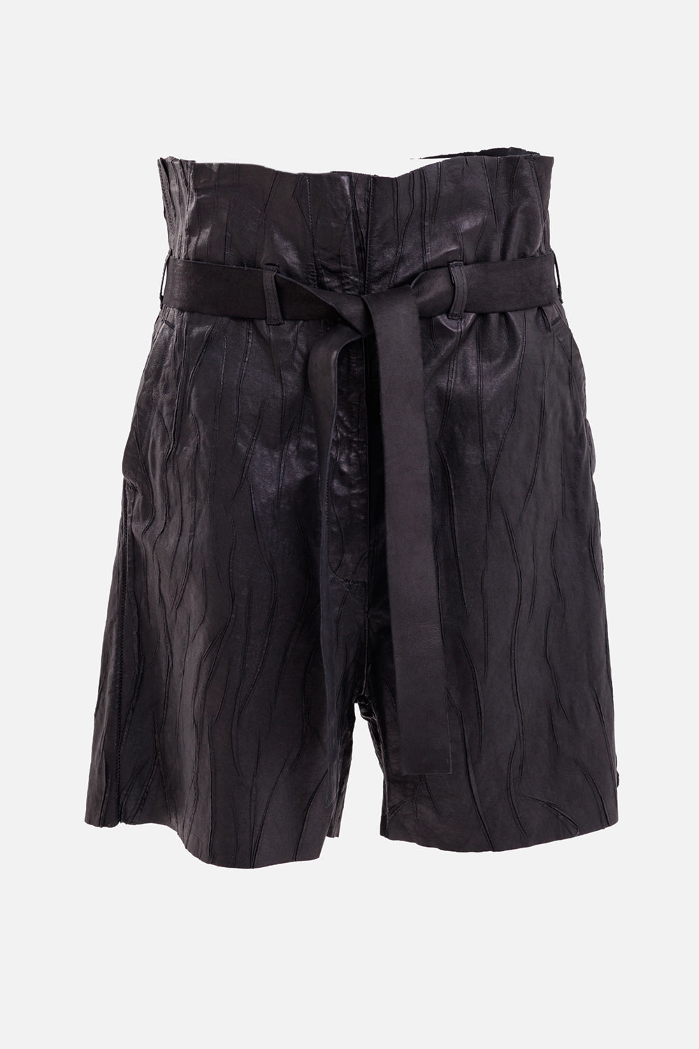 Isaac Sellam Experience women's leather Bermuda shorts in Plomb, front view with rippled texture and self-tie belt