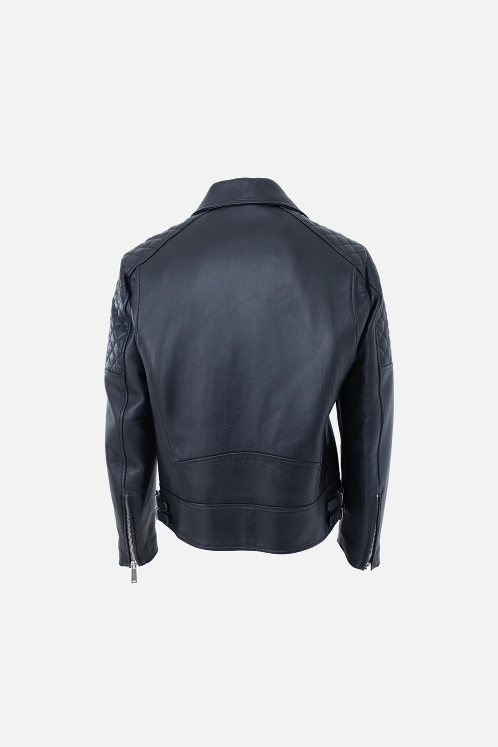 Pre-owned Dsquared2 men's leather biker jacket in black, back view, quilted shoulder panels and zip cuffs