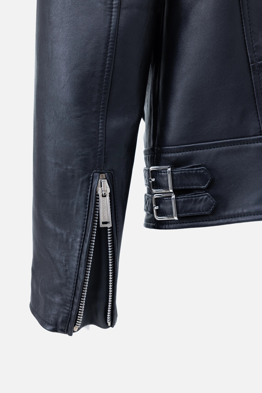 Pre-owned Dsquared2 men's leather biker jacket in black, detail view, zip cuff and double buckle side tabs