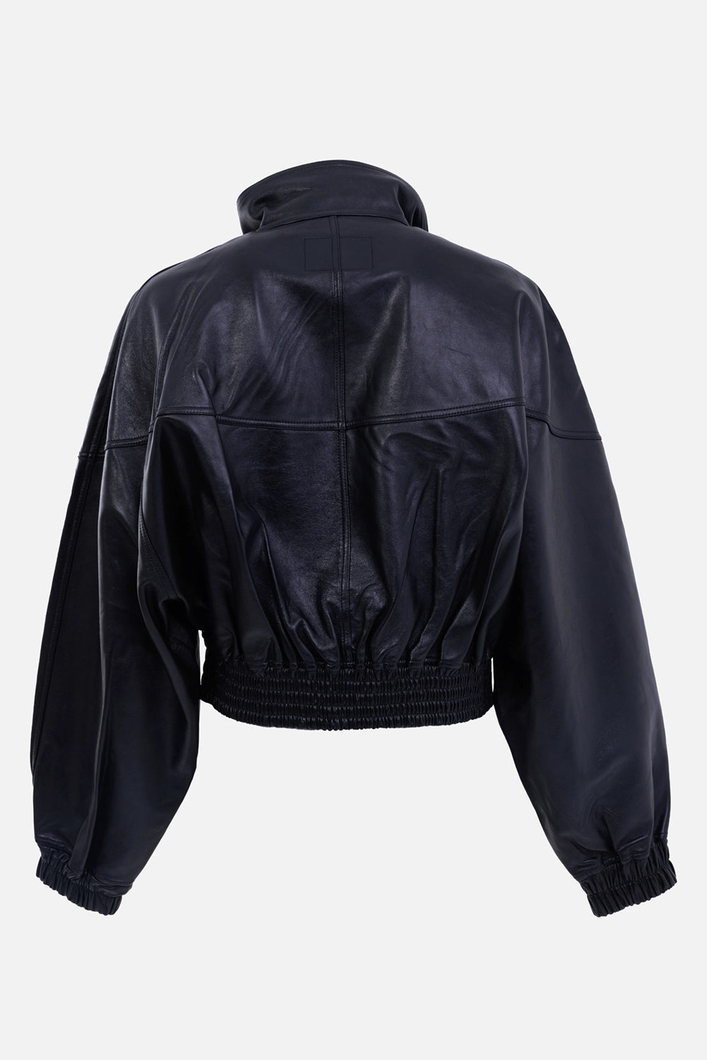 Helmut Lang women's black leather bomber, back view with gathered paneling and elasticated waist