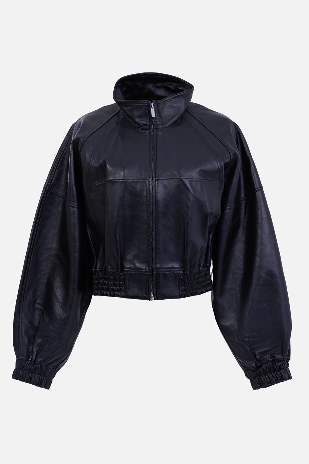 Helmut Lang women's black leather bomber, front view with stand collar, zip closure and balloon sleeves