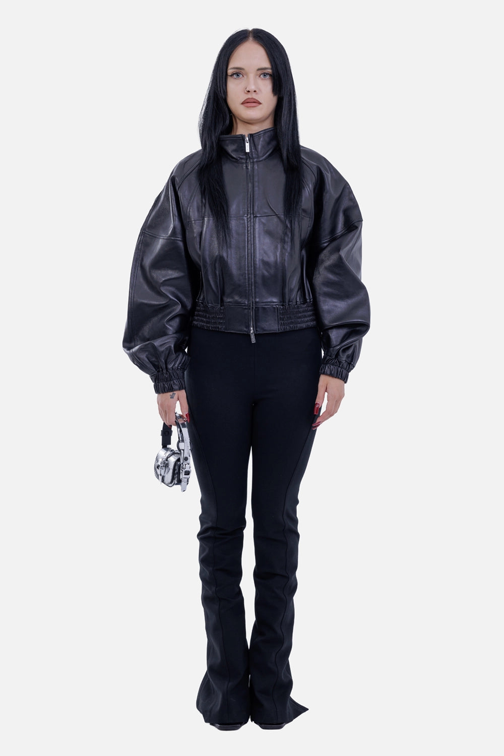 Helmut Lang women's black leather bomber, full-length model view with cropped fit and oversized sleeves