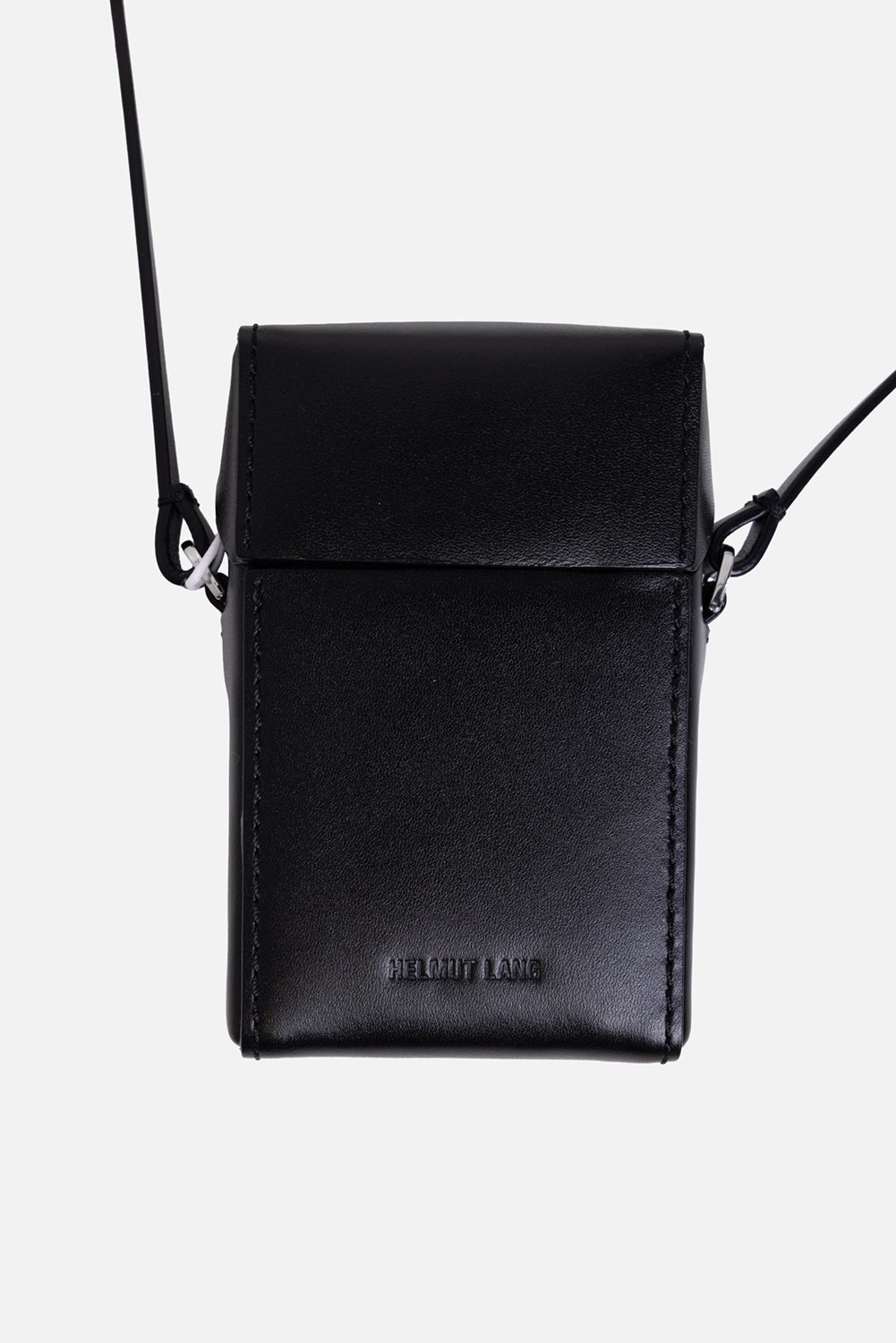 Helmut Lang women's leather case in black, front view, slim adjustable strap and compact rectangular body