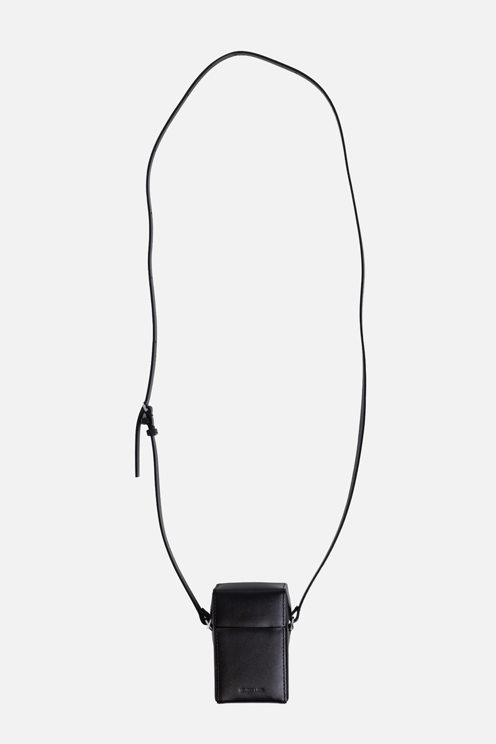 Helmut Lang women's leather case in black, front view, embossed logo and smooth structured finish