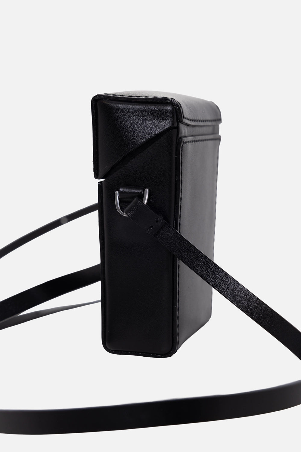 Helmut Lang women's leather case in black, side view, layered hinge construction and silver-tone D-ring