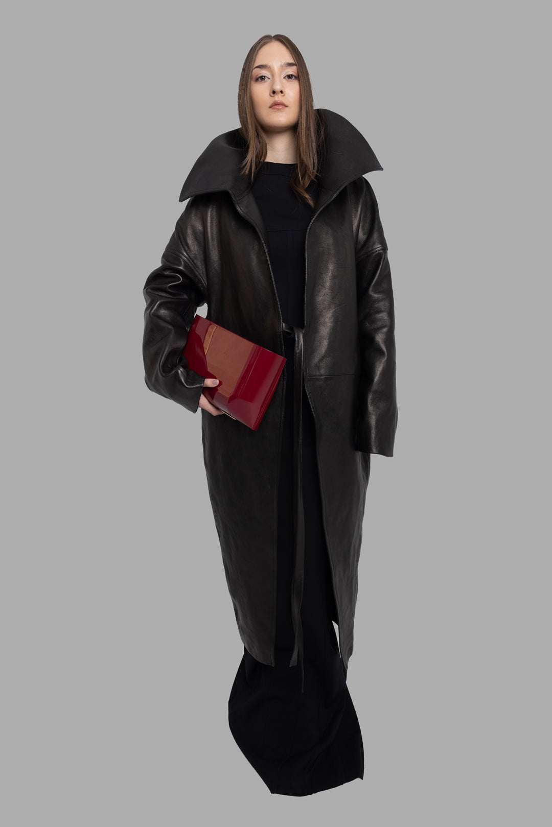 Rick Owens women's black Dracucollar belted lamb leather coat, on-model full length with dramatic oversized collar