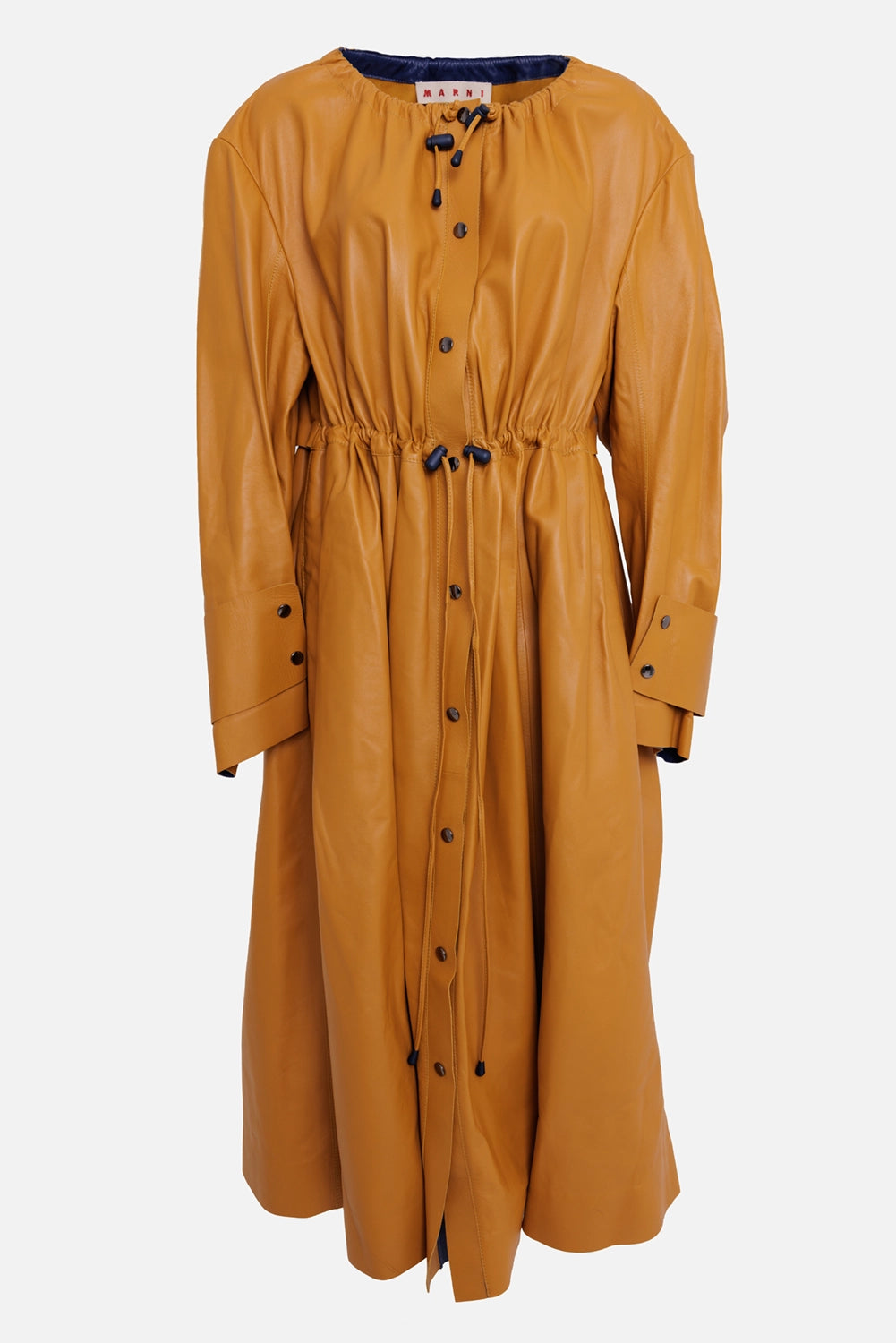 Marni women's leather coat dress in ochre, front view, snap placket and navy drawstring toggles