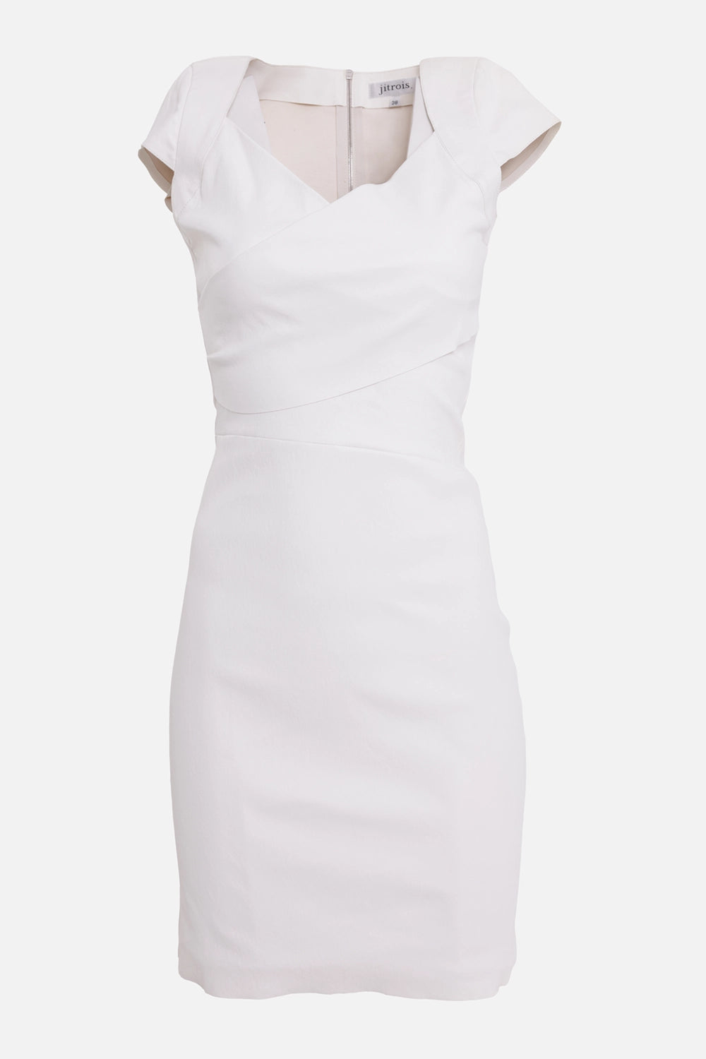 Jitrois women's leather dress in white, front view with crossover V-neck and cap sleeves