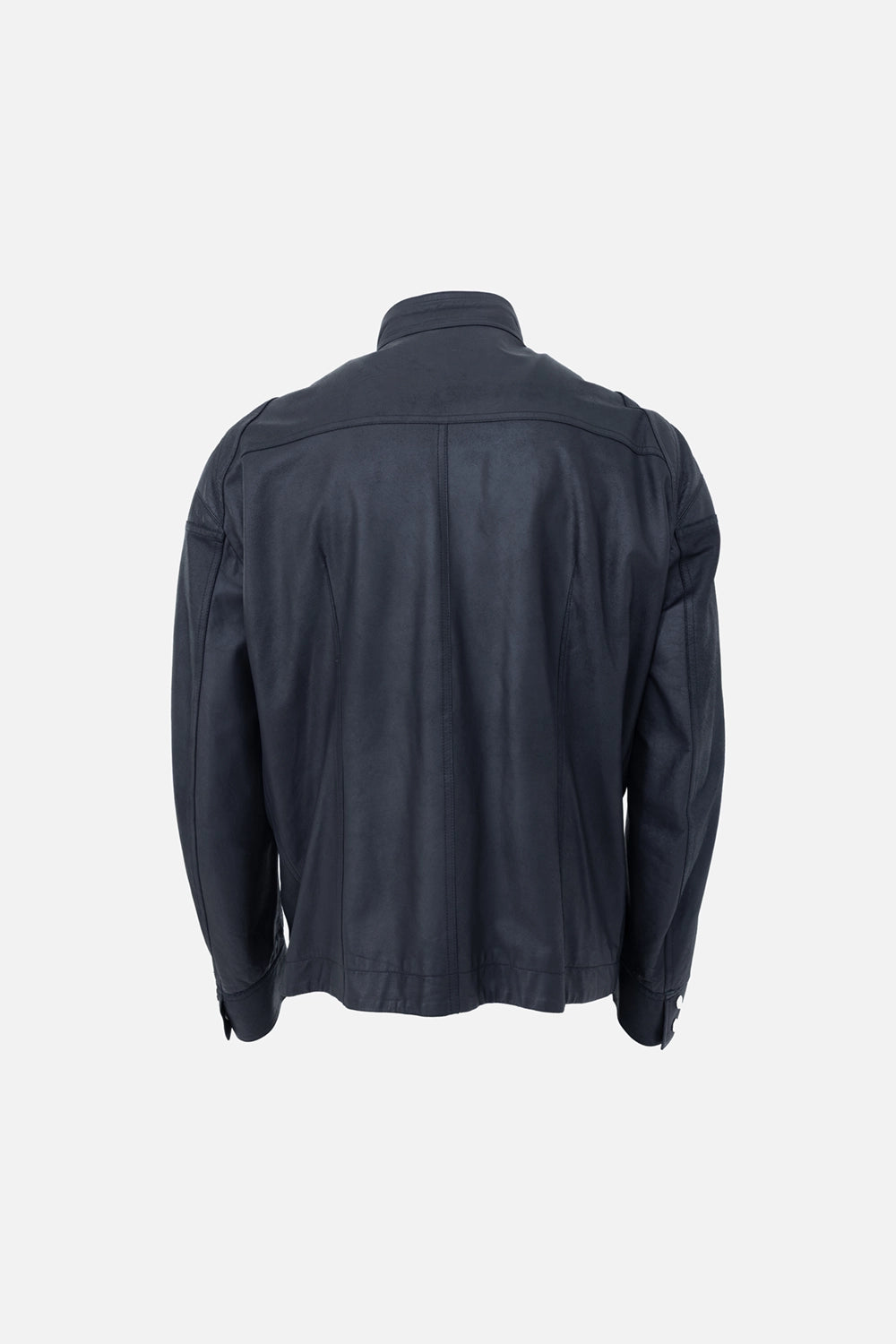 Pre-owned Rick Owens men’s leather jacket in black, back view, clean panel seams