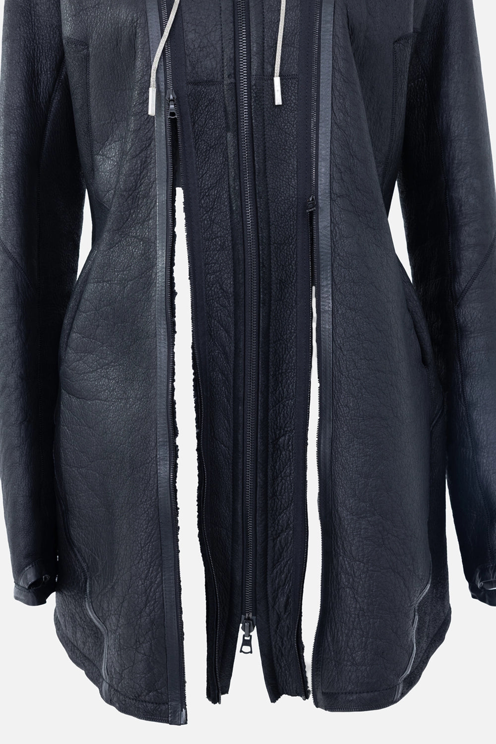 Pre-owned Isaac Sellam leather jacket in black, front detail, multi-zip channels and drawcord tips