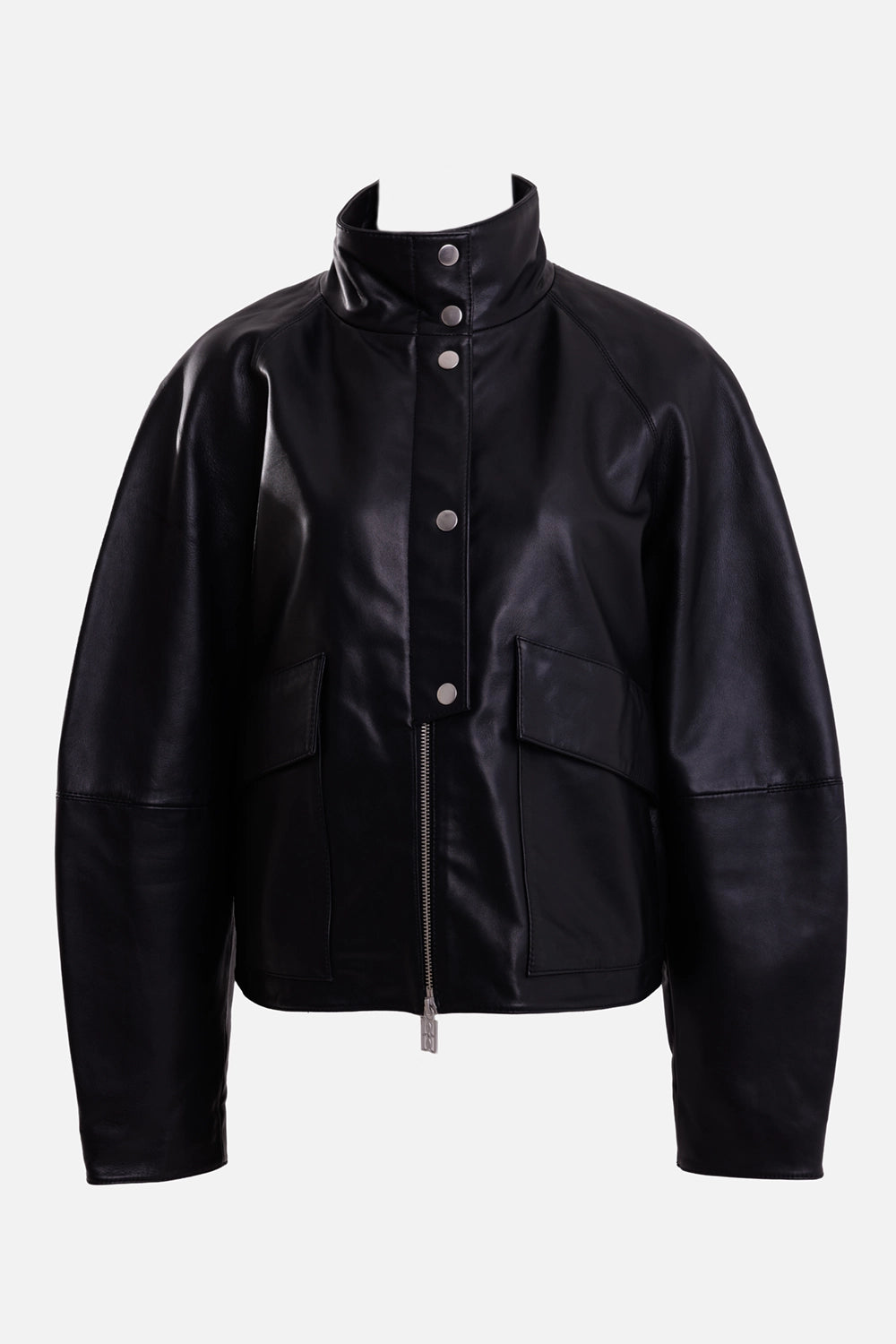 By Malene Birger women's black leather jacket, front view with flap pockets and zip beneath a snap placket