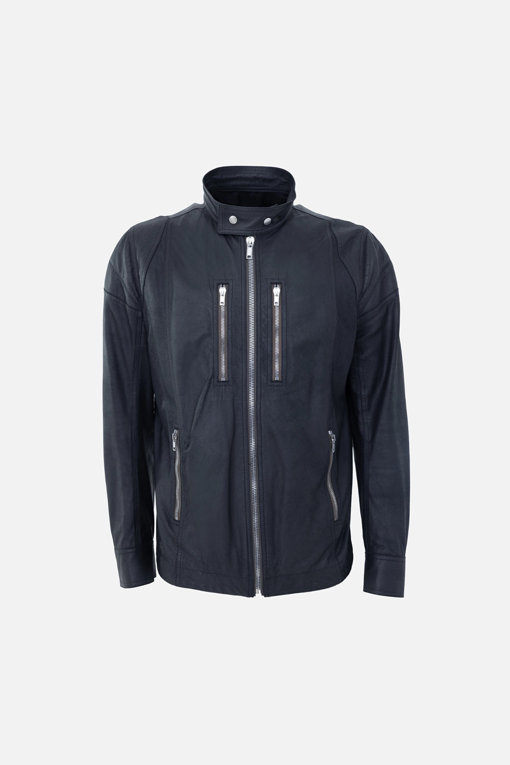 Pre-owned Rick Owens men’s leather jacket in black, front view, stand collar and four zip pockets