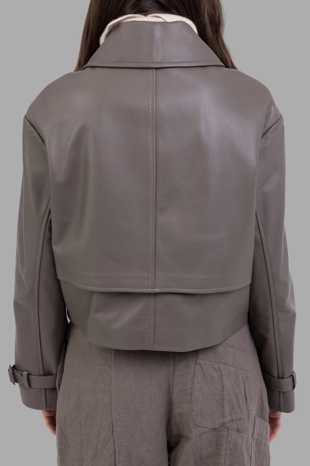 Joseph women's leather jacket in Mushroom, back view, layered back panel and relaxed hem