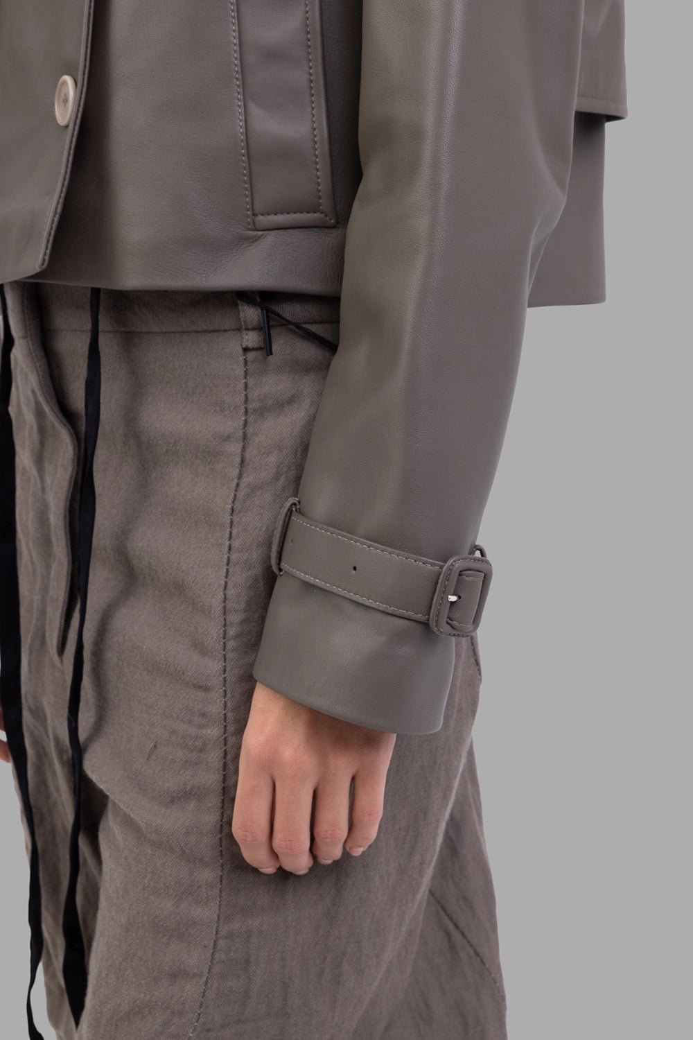Joseph women's leather jacket in Mushroom, cuff detail, adjustable buckled strap