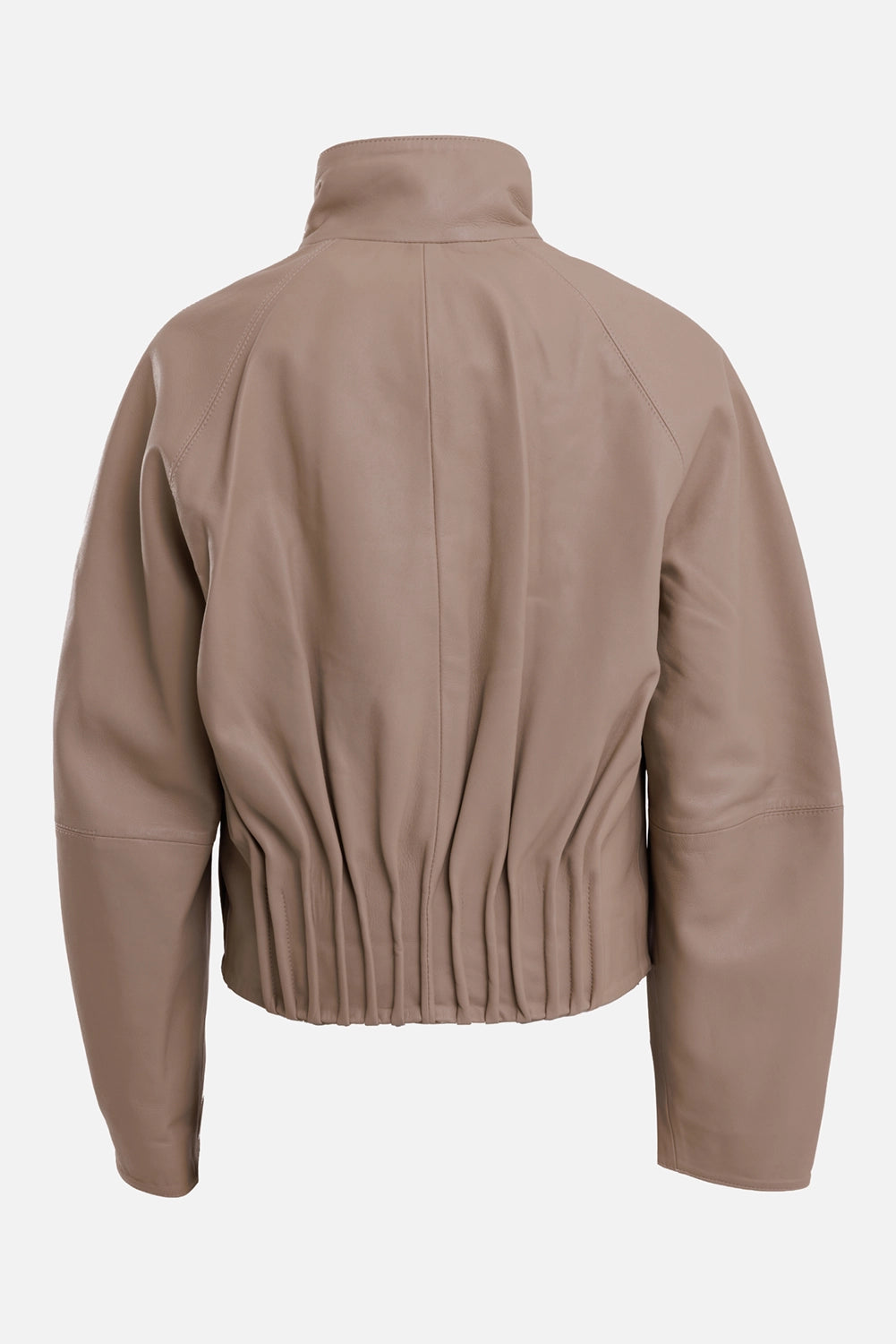 By Malene Birger women's leather jacket in Old Beige, back view with gathered hem and curved shoulder seams