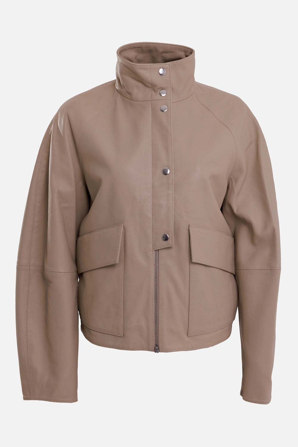 By Malene Birger women's leather jacket in Old Beige, front view with silver snaps, zip and flap pockets
