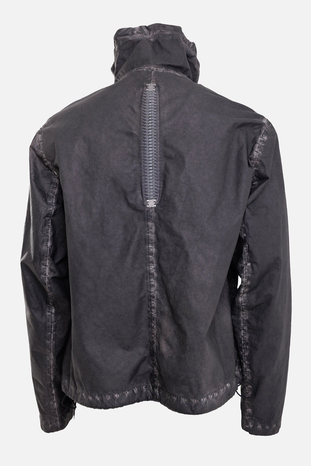 Isaac Sellam Experience men's leather jacket in plomb grey, back view, vertical seam and rear zip detail