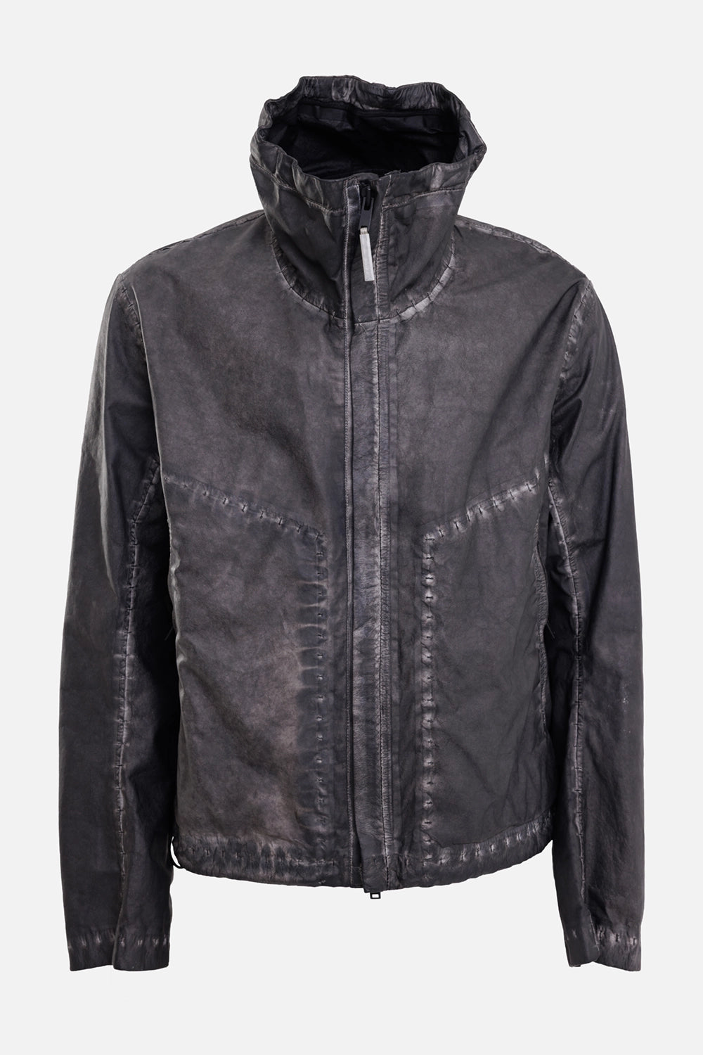 Isaac Sellam Experience men's leather jacket in plomb grey, front view, two-way zip and taped seams