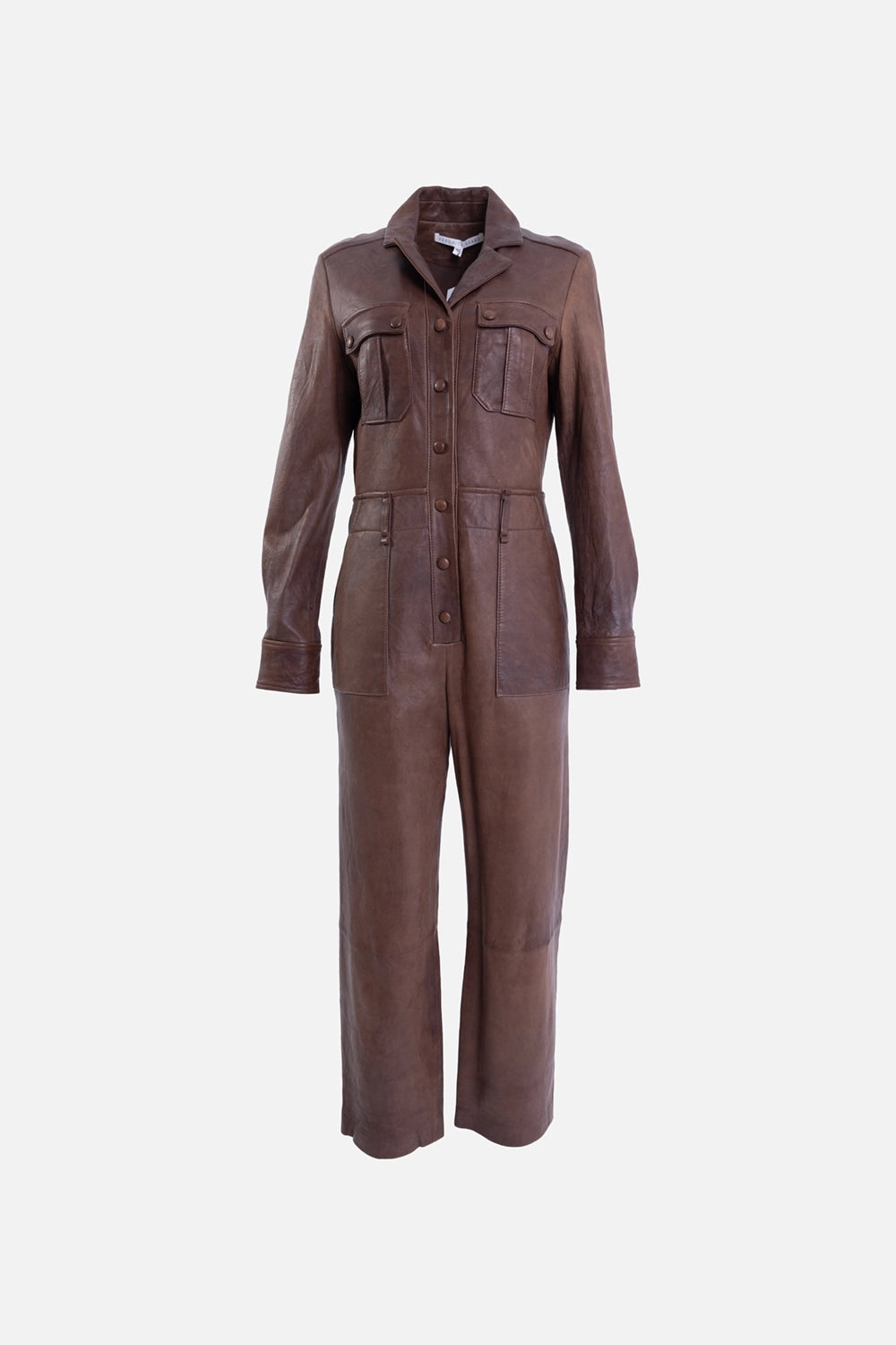 Pre-owned Veronica Beard women's leather jumpsuit in brown, front view, snap-button placket with chest flap pockets