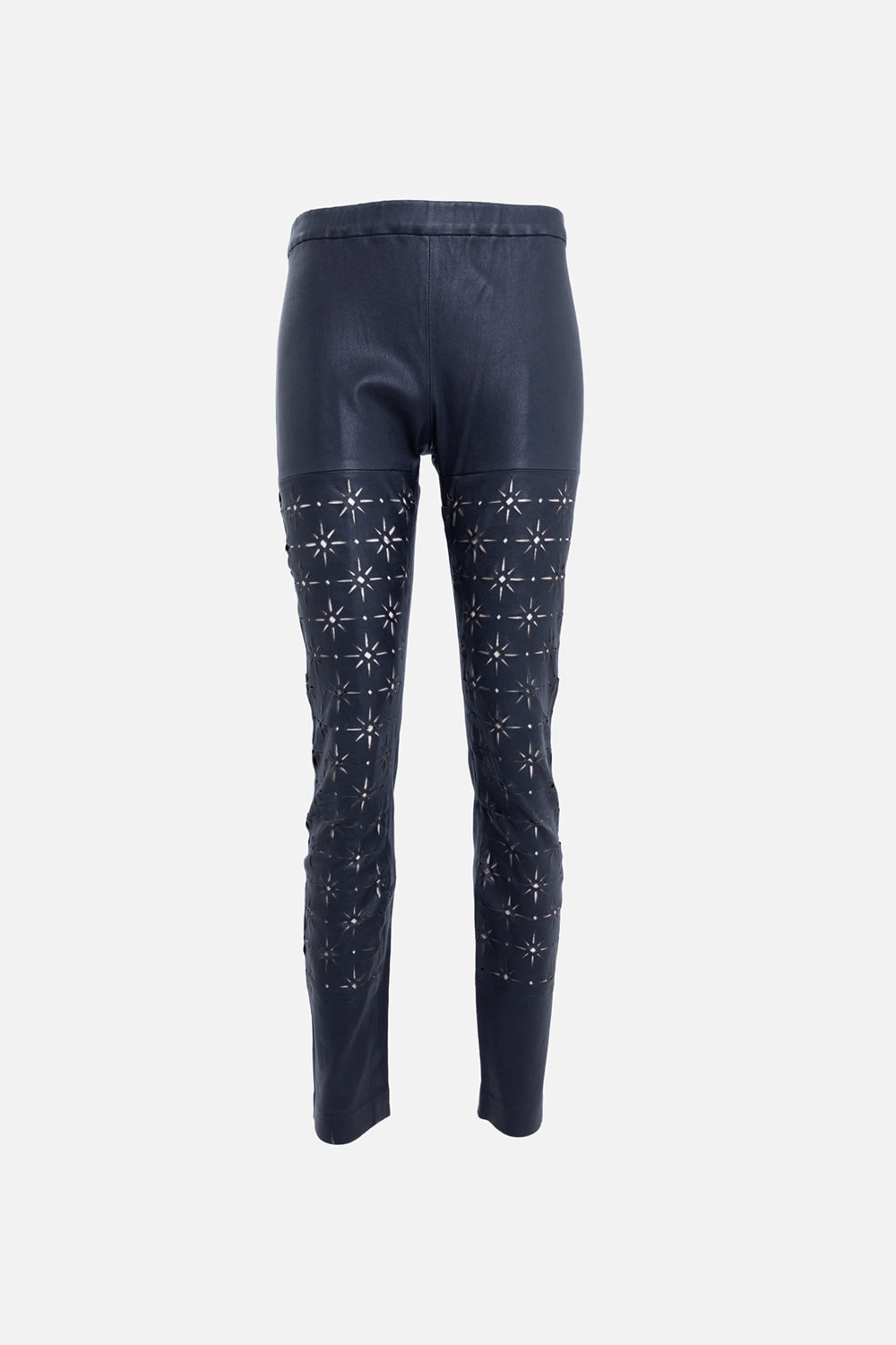 Pre-owned Haider Ackermann women's leather leggings in black, hanger front view, laser-cut star pattern legs