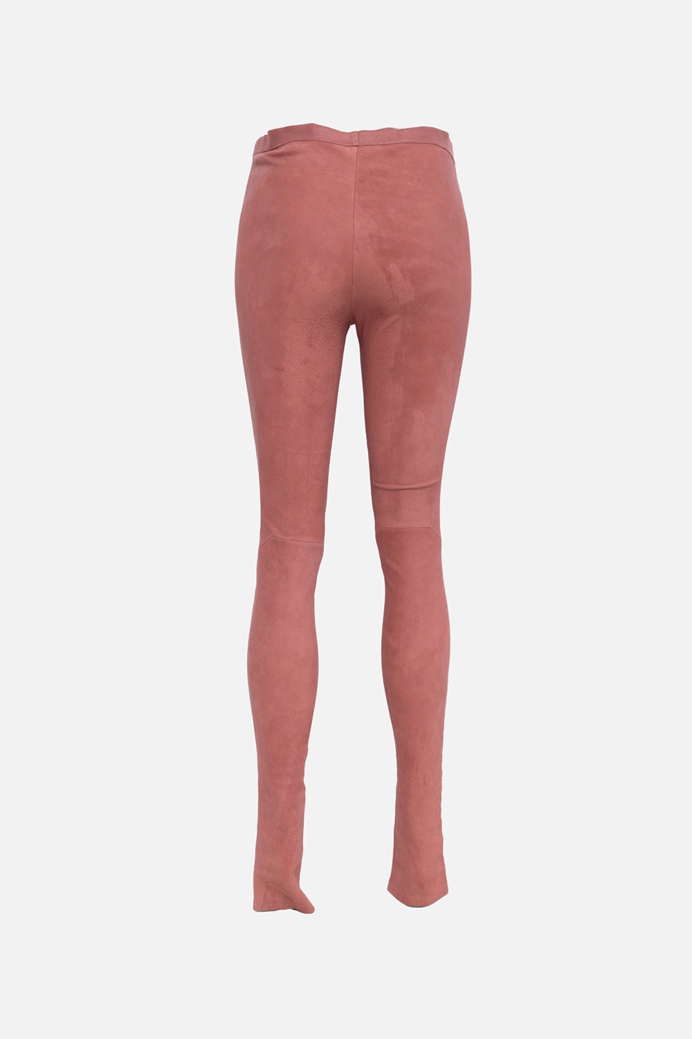 Pre-owned Rick Owens women's leather leggings in rust, back view, centre back seam and knee panel seams