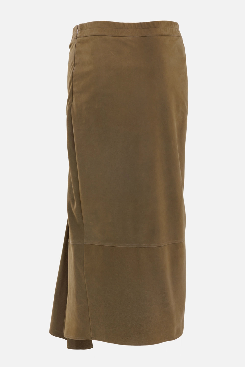 Gentryportofino women's camel leather maxi skirt, back view with narrow waist and softly flared lower panel