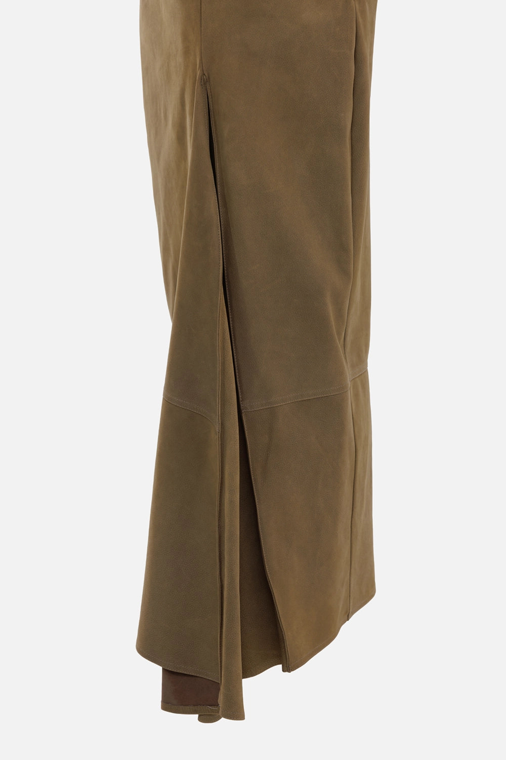 Gentryportofino women's camel leather maxi skirt, front view with clean panel seams and asymmetric flared hem