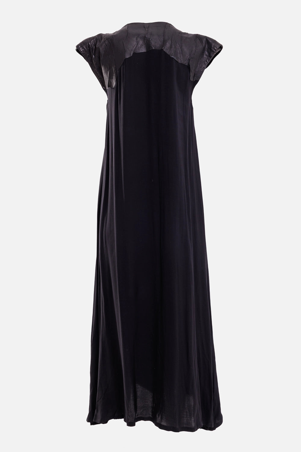 Isaac Sellam Experience women's maxi dress in Plomb, back view with leather shoulder yoke and flowing skirt