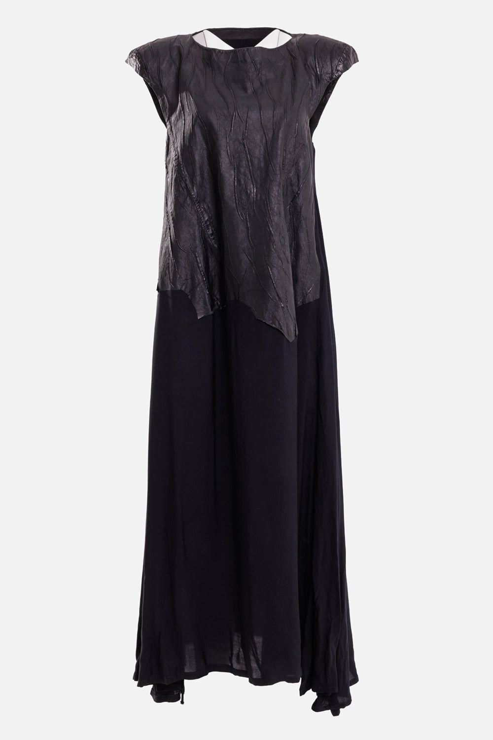 Isaac Sellam Experience women's maxi dress in Plomb, front view with cap sleeves and pointed leather panel