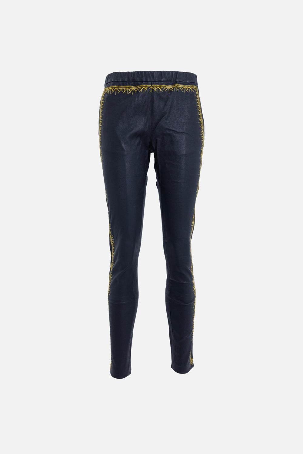 Pre-owned Haider Ackermann women’s leather pants in black, front view, elasticated waistband and contrast yellow stitching