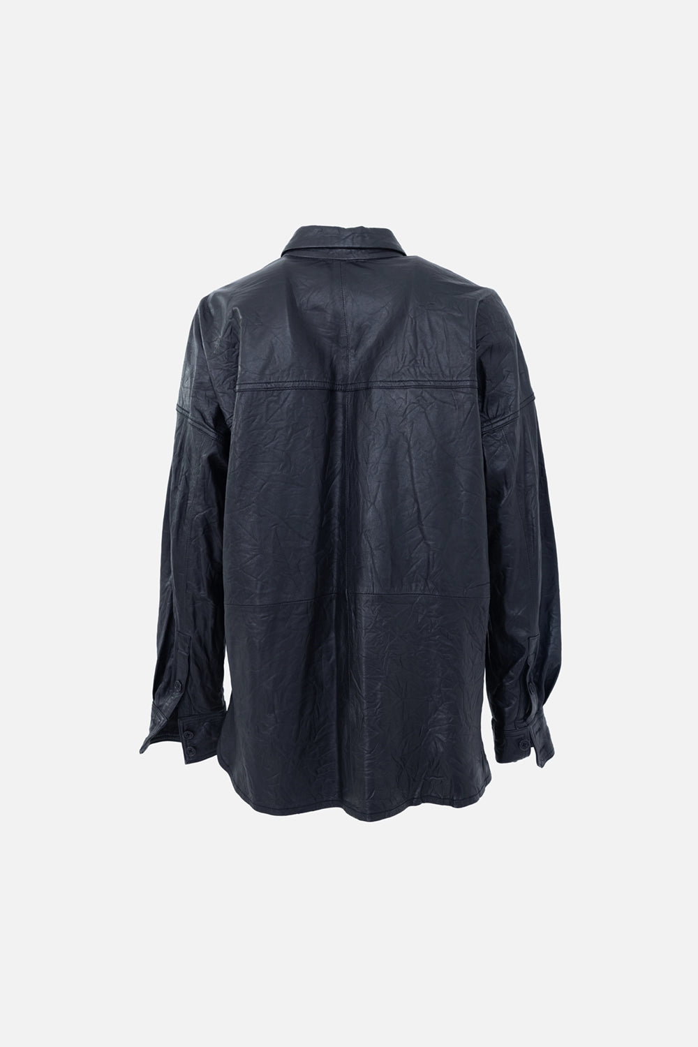 Pre-owned Zadig & Voltaire women's leather shirt in black, back view, crinkled texture with back yoke seam