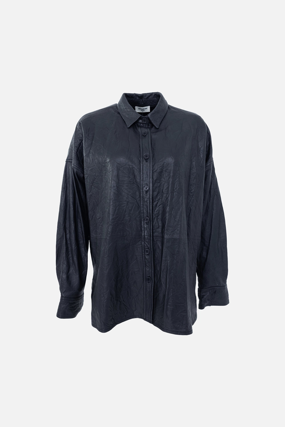Pre-owned Zadig & Voltaire women's leather shirt in black, front view, crinkled finish and button placket