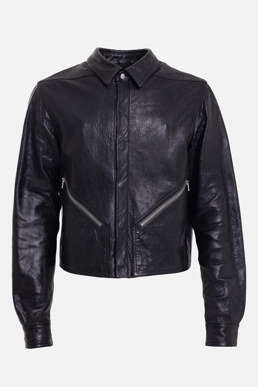 Rick Owens men's leather shirt jacket in black, front view, classic collar and diagonal zip pockets