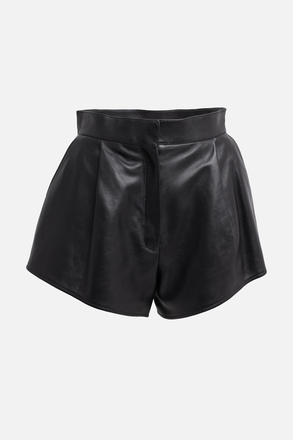 Pre-owned Alexander McQueen women leather shorts in black, front view, wide waistband with pleated front