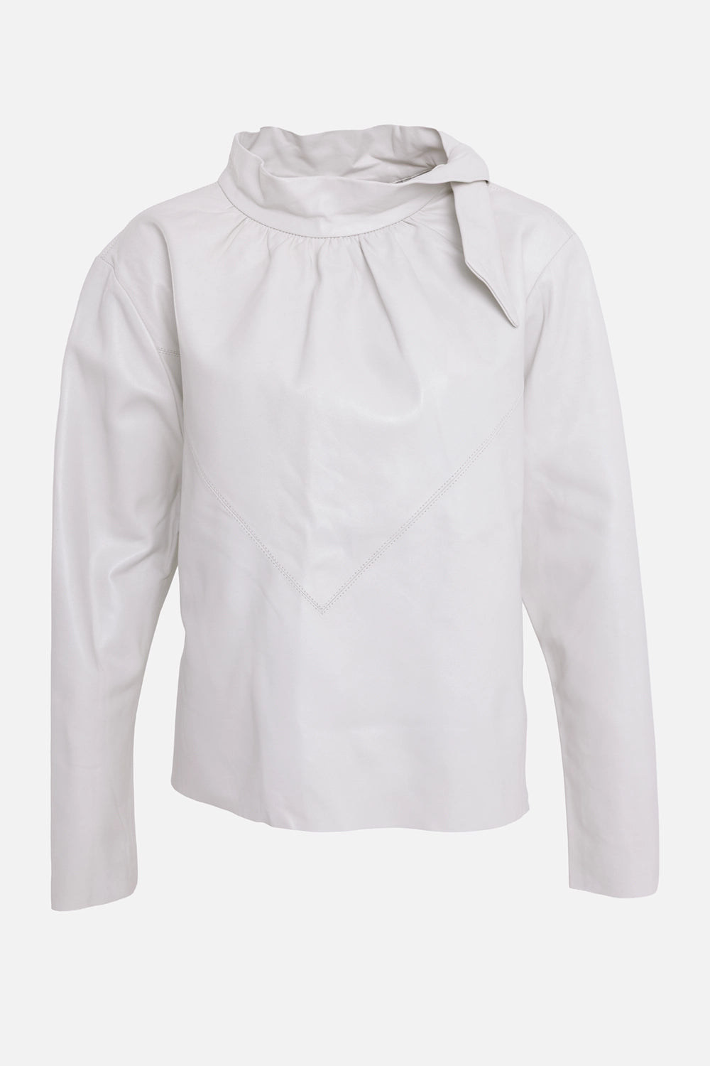 Isabel Marant women's leather top in white, front view, tie neck and V-shaped stitched yoke