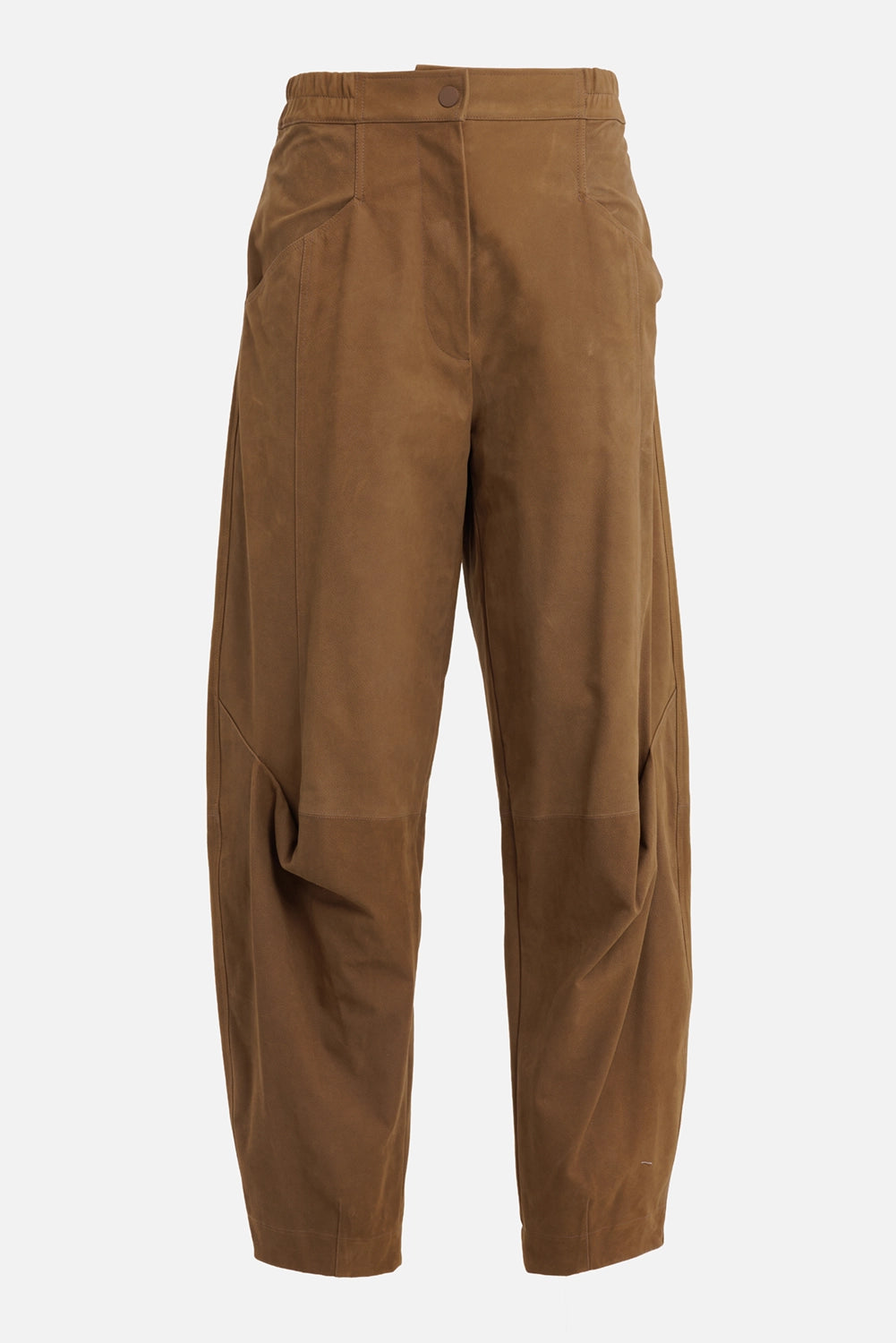 Gentry Portofino women's leather trousers in camel, front view with button waist, angled pockets and knee seams