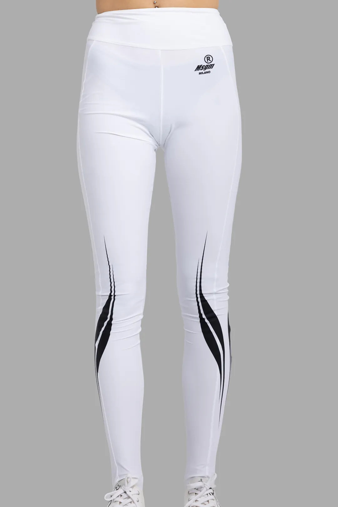 MSGM women's white Lycra leggings, front view with high-rise waist and black race graphic