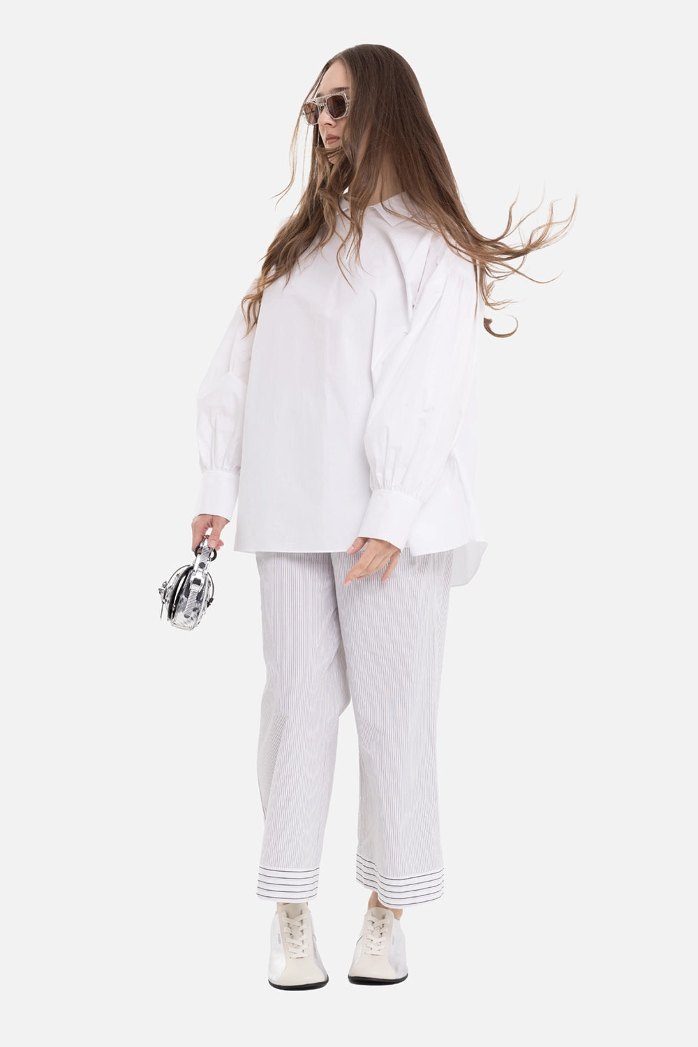 By Malene Birger women's cotton blouse in pure white, on-model full-length view, oversized fit and side slit