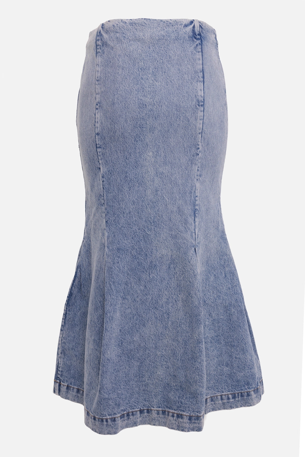 Khaite women's denim midi skirt in blue, back view with paneled mermaid shape and clean hem
