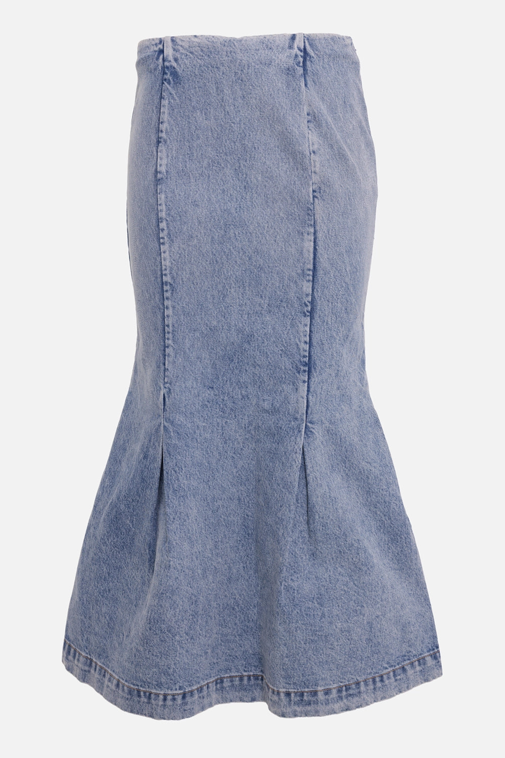 Khaite women's denim midi skirt in blue, front view with vertical seam panels and flared hem